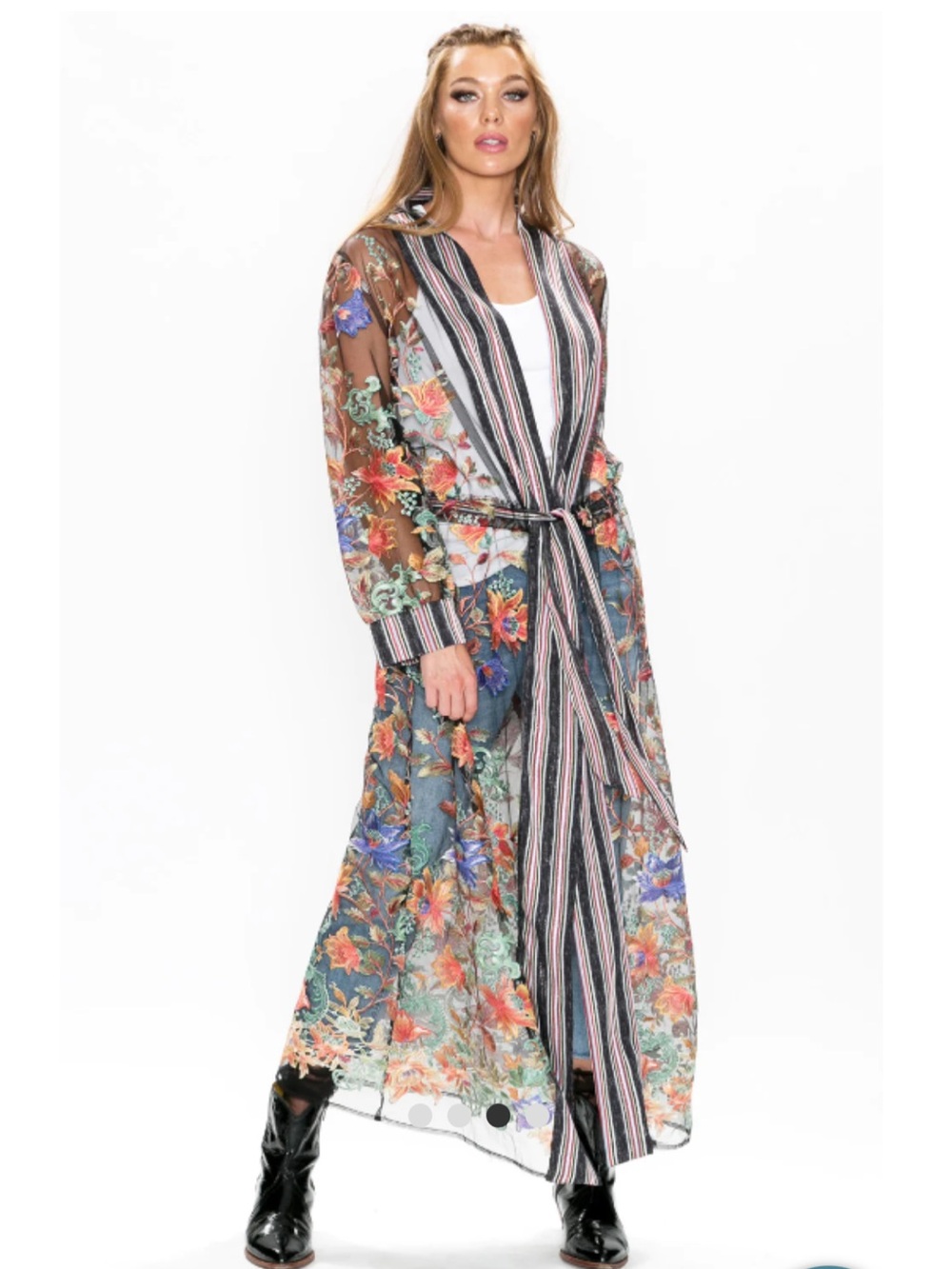 Aratta Silent Journey Embroidered Floral Sheer Maxi Duster Kimono Size S